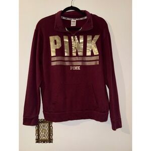 PINK Victoria's Secret Quarter Zip Sweatshirt Maroon Burgundy Gold Foil Small